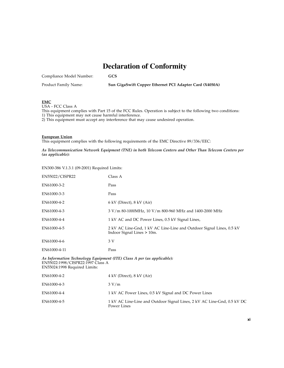 Sun Microsystems GigaSwift Ethernet Adapter manual Declaration of Conformity 