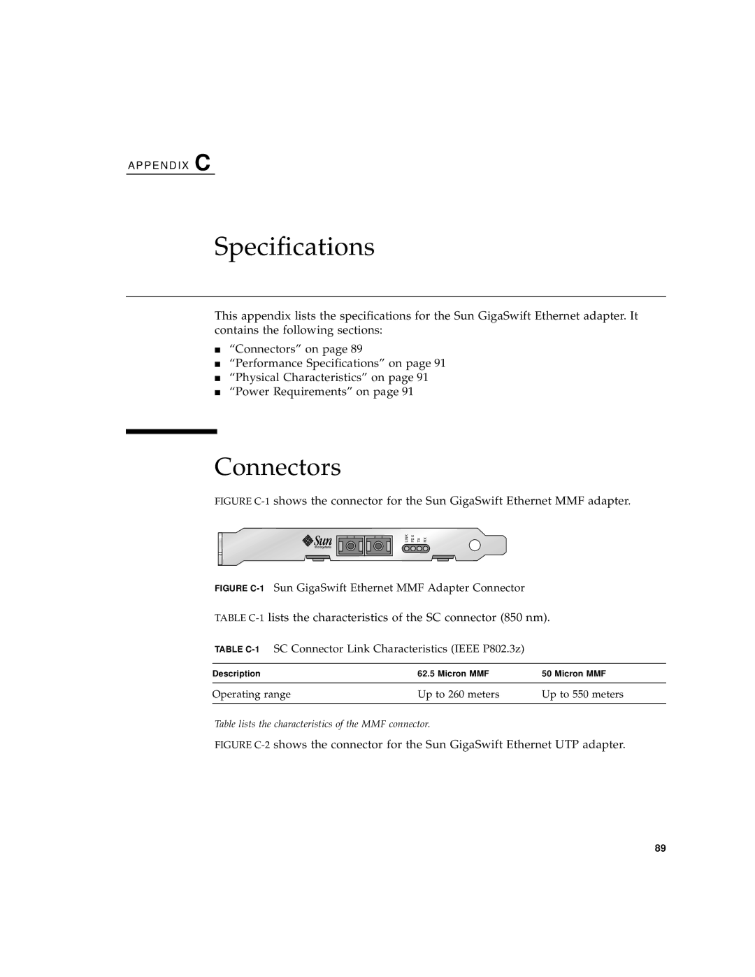 Sun Microsystems GigaSwift Ethernet Adapter manual Connectors, Table C-1SC Connector Link Characteristics Ieee P802.3z 