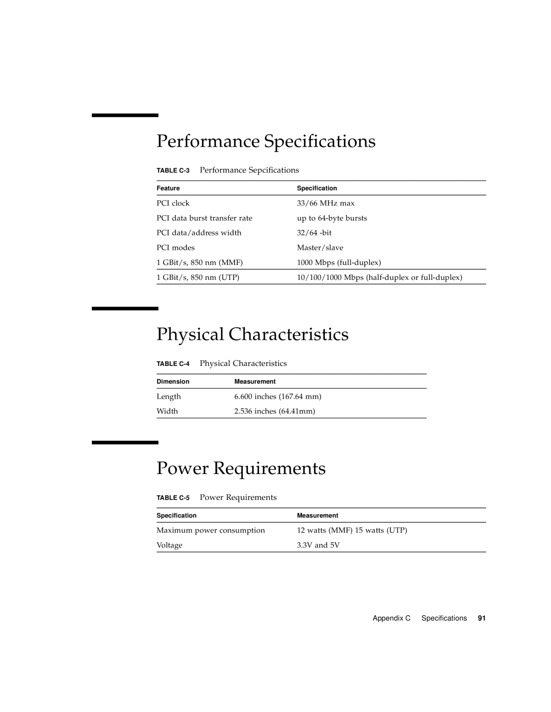 Sun Microsystems GigaSwift Ethernet Adapter manual Performance Specifications, Physical Characteristics, Power Requirements 