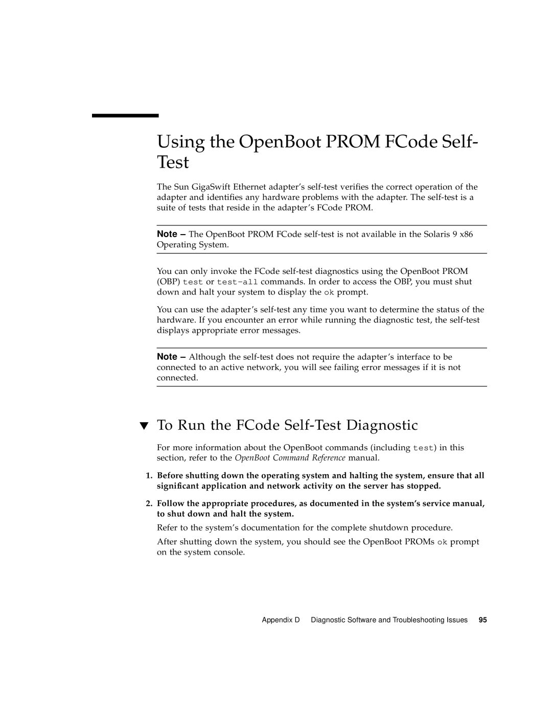 Sun Microsystems GigaSwift Ethernet Adapter manual Using the OpenBoot Prom FCode Self- Test 