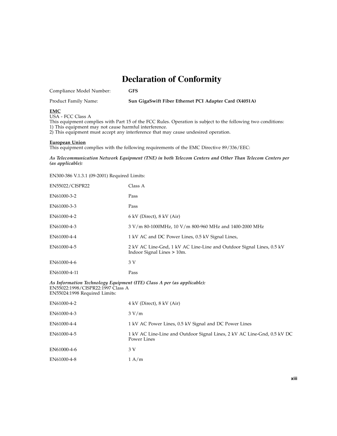 Sun Microsystems GigaSwift Ethernet Adapter manual EN61000-4-6, Xiii 
