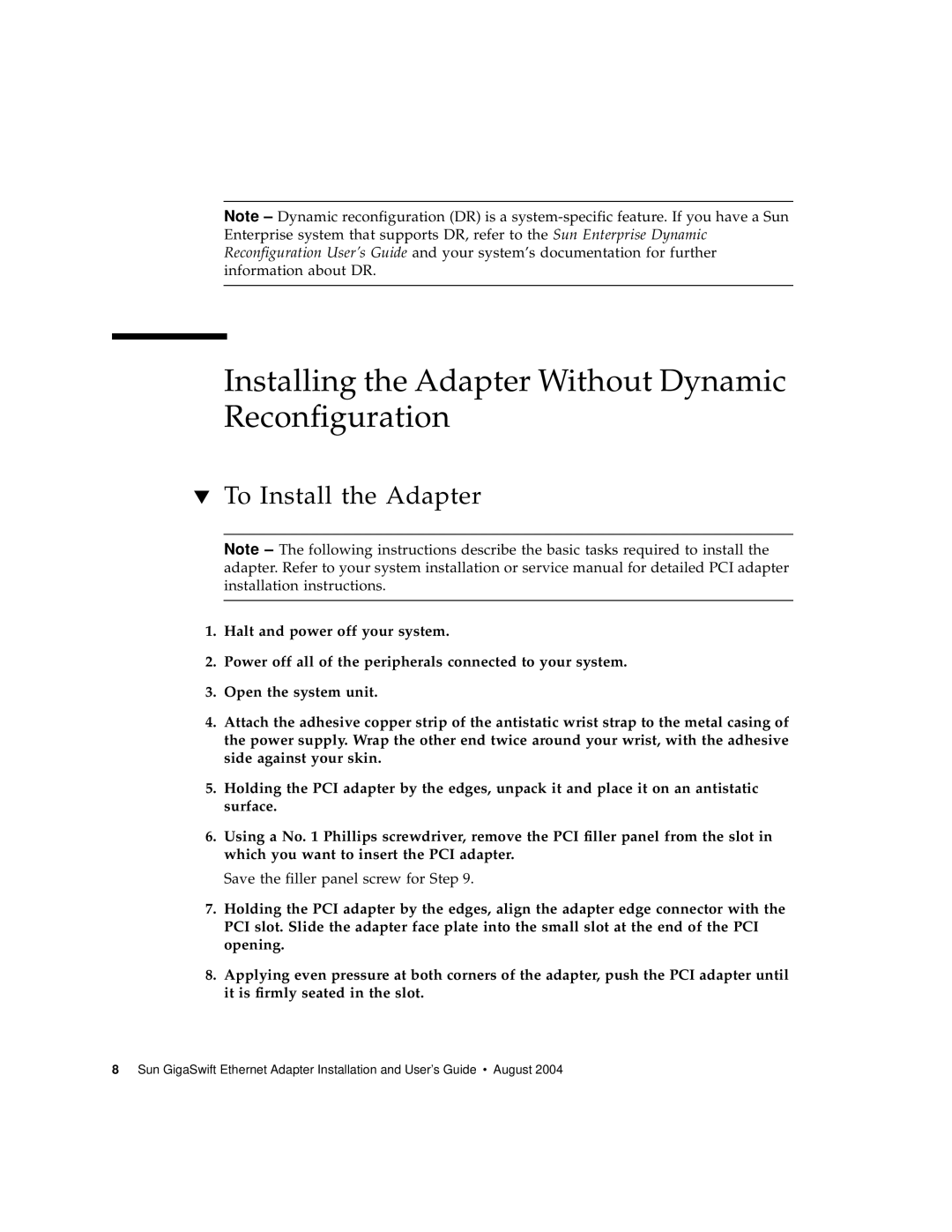 Sun Microsystems GigaSwift Ethernet Adapter Installing the Adapter Without Dynamic Reconfiguration, To Install the Adapter 