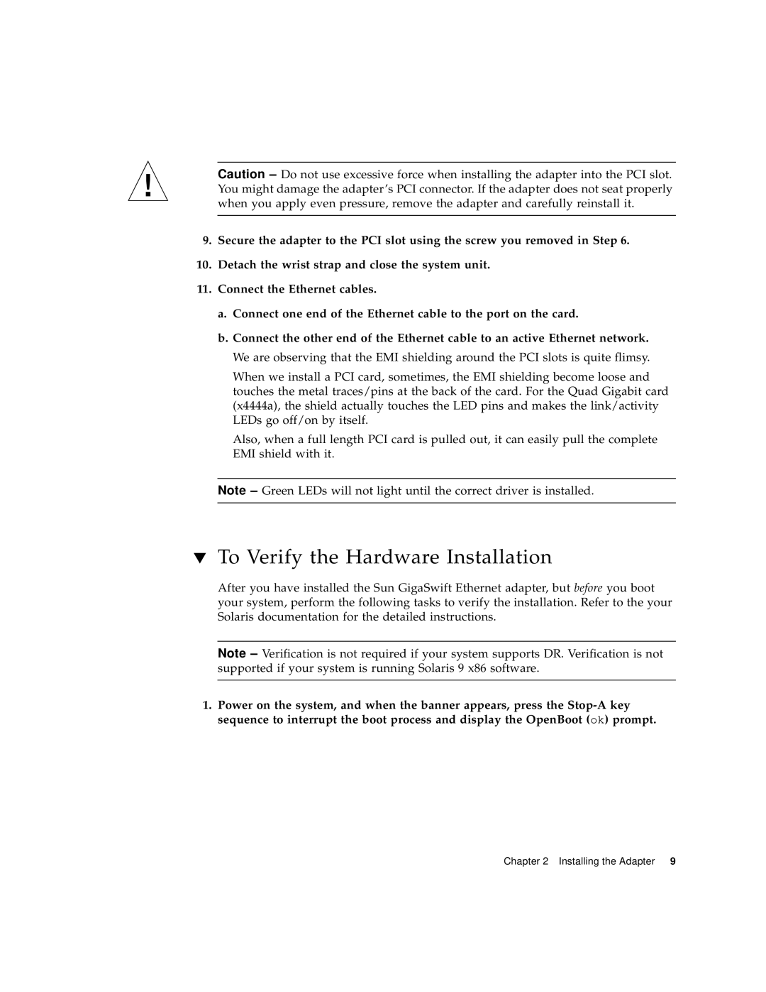 Sun Microsystems GigaSwift Ethernet Adapter manual To Verify the Hardware Installation 