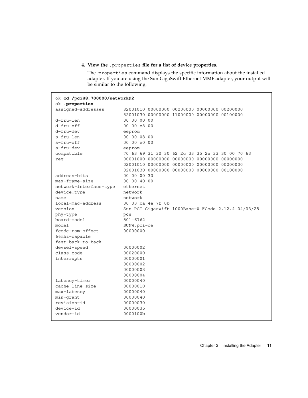 Sun Microsystems GigaSwift Ethernet Adapter manual View the .properties file for a list of device properties 