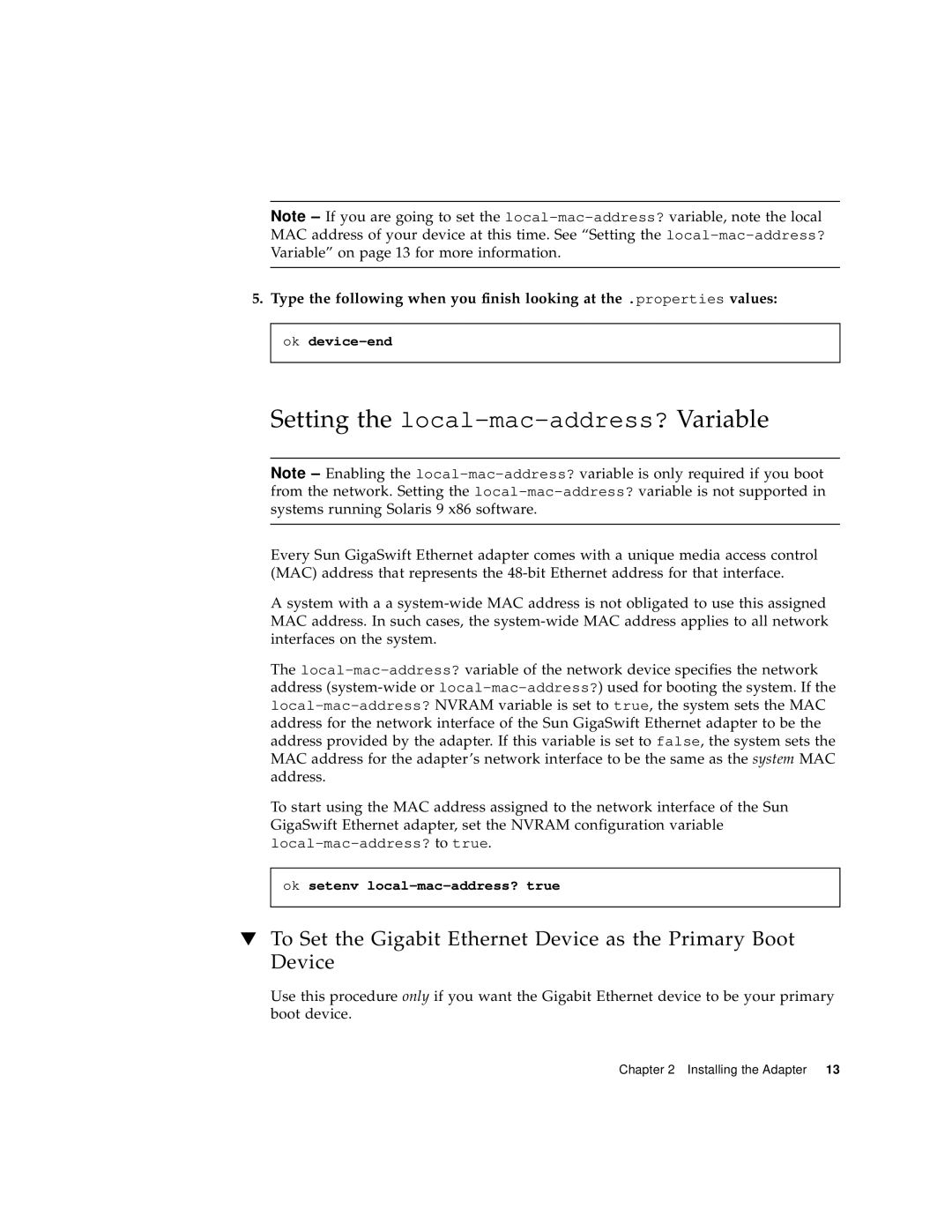 Sun Microsystems GigaSwift Ethernet Adapter manual Setting the local-mac-address?Variable, Ok device-end 