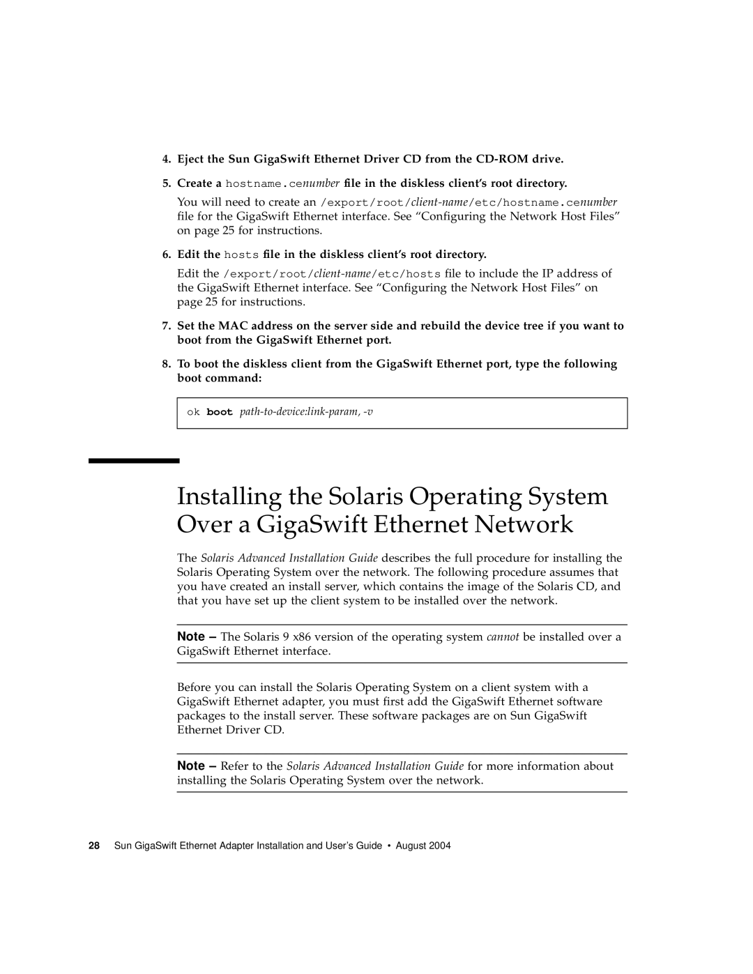 Sun Microsystems GigaSwift Ethernet Adapter manual Edit the hosts file in the diskless client’s root directory 