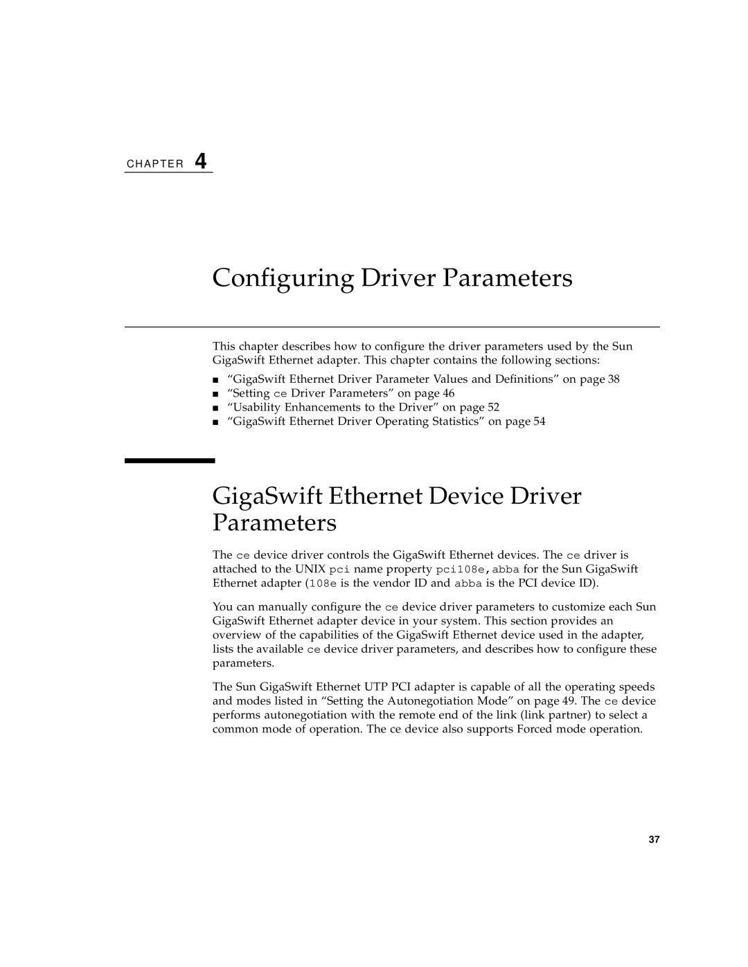 Sun Microsystems GigaSwift Ethernet Adapter Configuring Driver Parameters, GigaSwift Ethernet Device Driver Parameters 