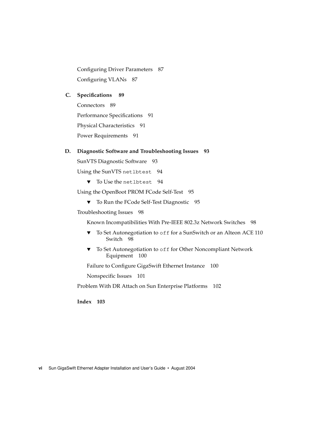 Sun Microsystems GigaSwift Ethernet Adapter manual Specifications, Diagnostic Software and Troubleshooting Issues, Index 