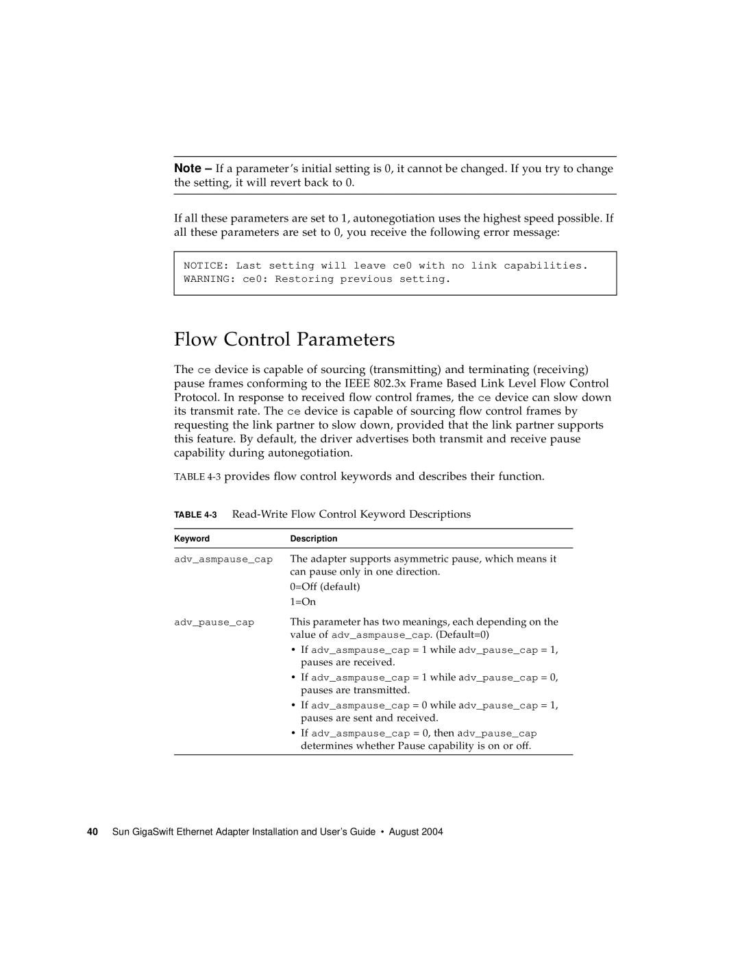 Sun Microsystems GigaSwift Ethernet Adapter manual Flow Control Parameters, 3Read-Write Flow Control Keyword Descriptions 