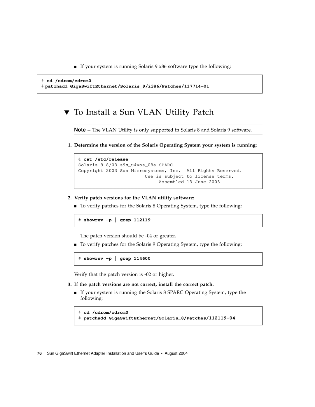 Sun Microsystems GigaSwift Ethernet Adapter manual To Install a Sun Vlan Utility Patch 