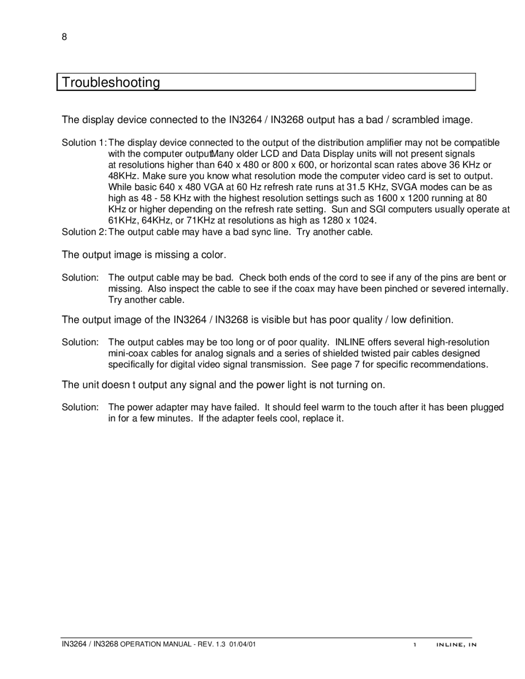 Sun Microsystems IN3264 operation manual Troubleshooting, Output image is missing a color 