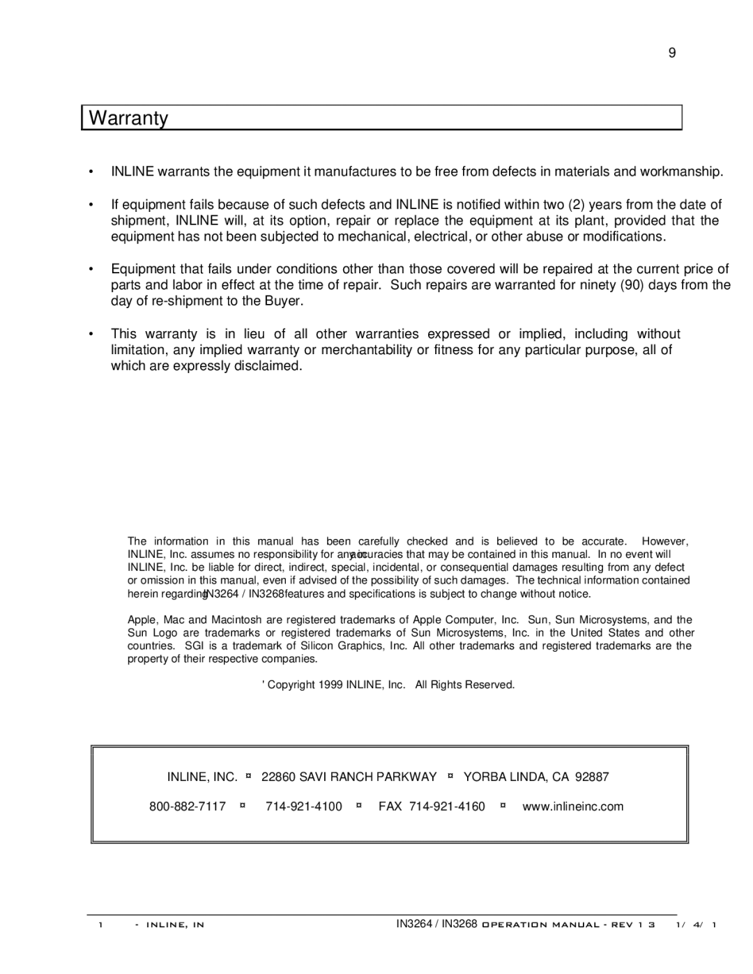 Sun Microsystems IN3264 operation manual Warranty 