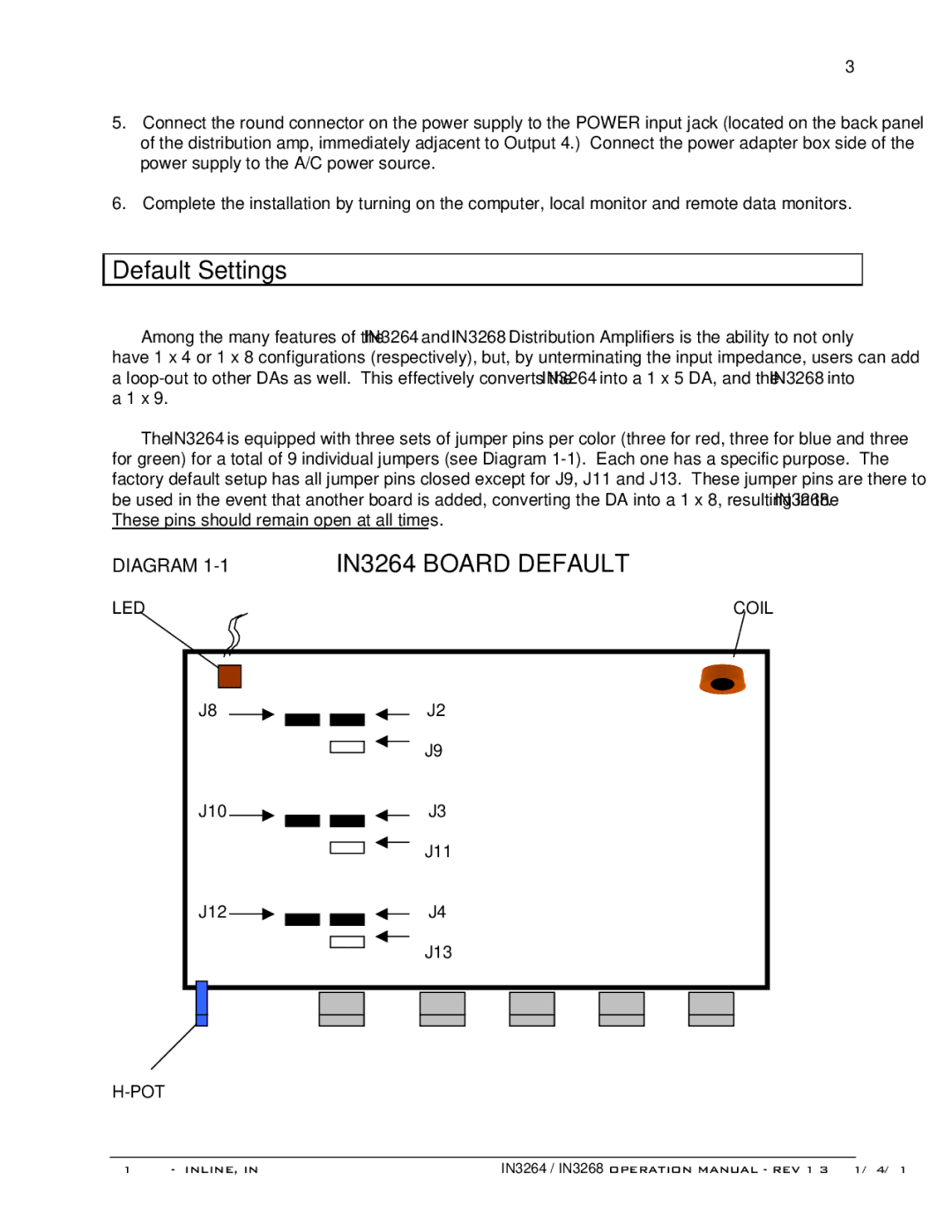 Sun Microsystems IN3264 operation manual Default Settings, Diagram 