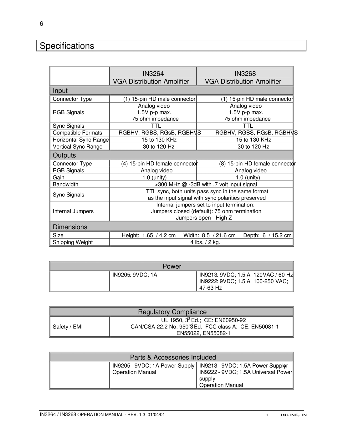 Sun Microsystems IN3264 operation manual Specifications 