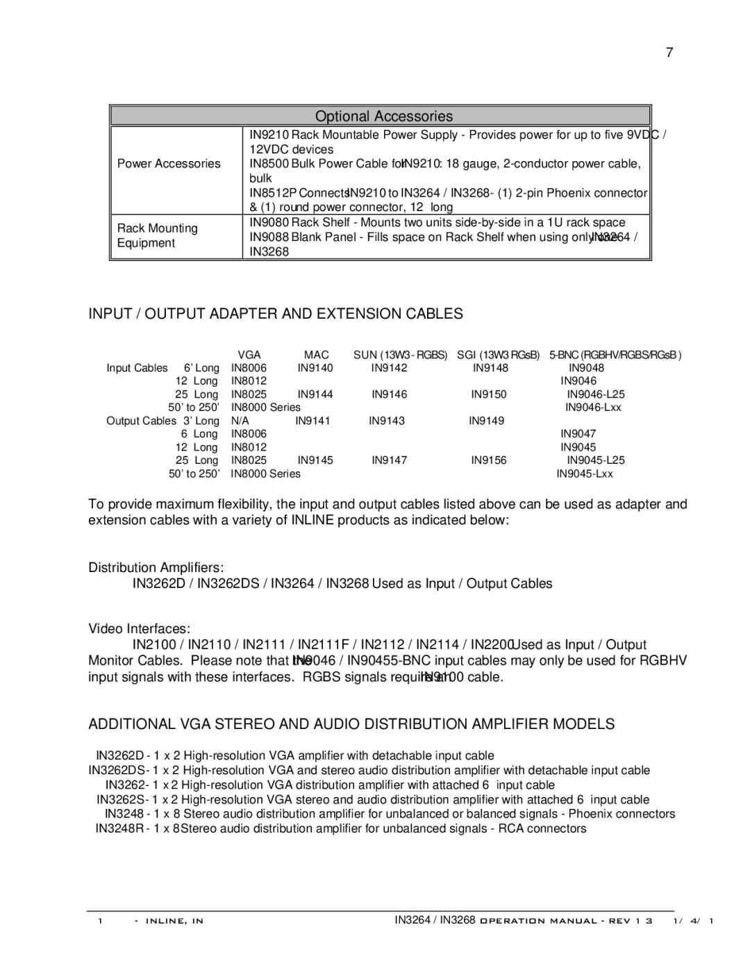 Sun Microsystems IN3264 operation manual Optional Accessories, Input / Output Adapter and Extension Cables 