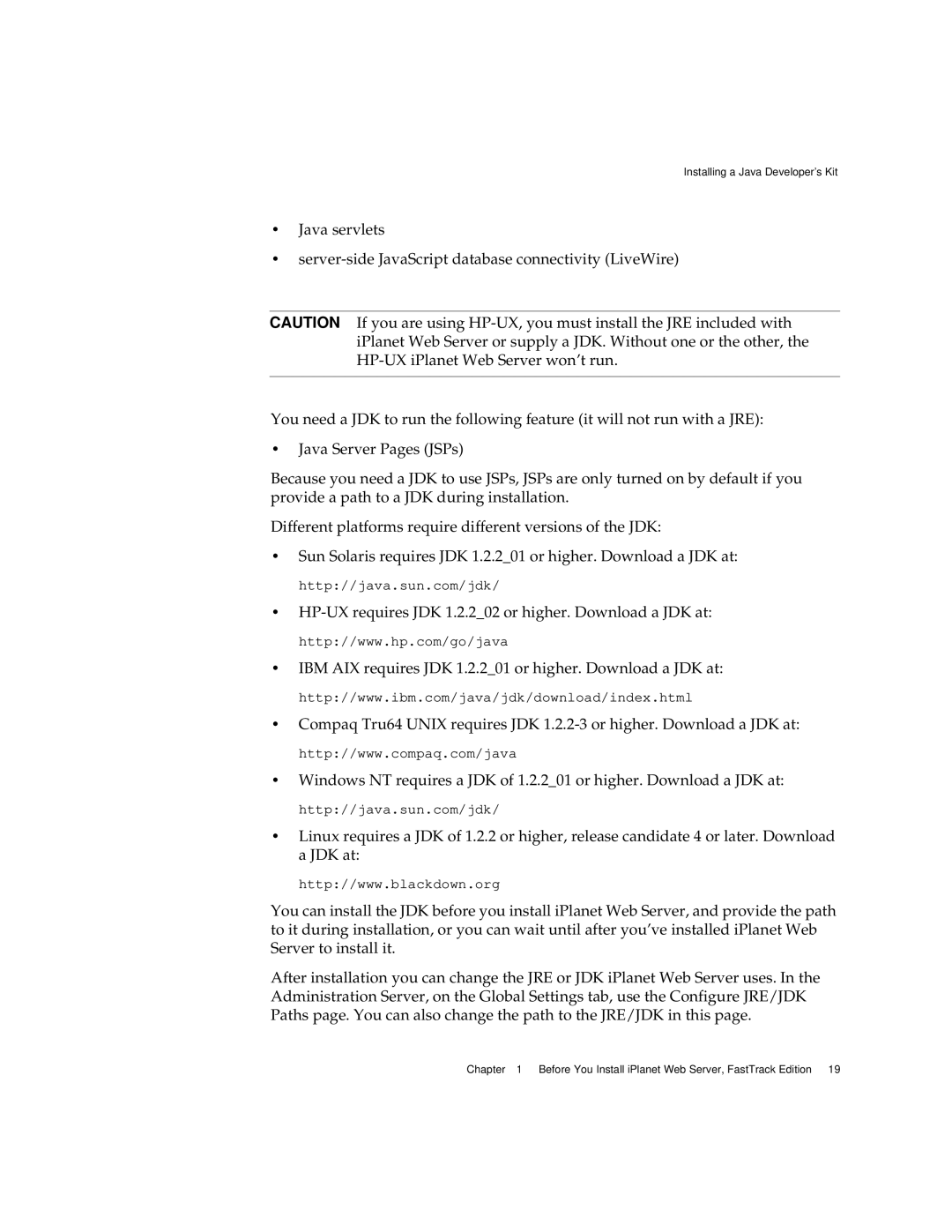 Sun Microsystems iPlanet Web Server manual Installing a Java Developer’s Kit 