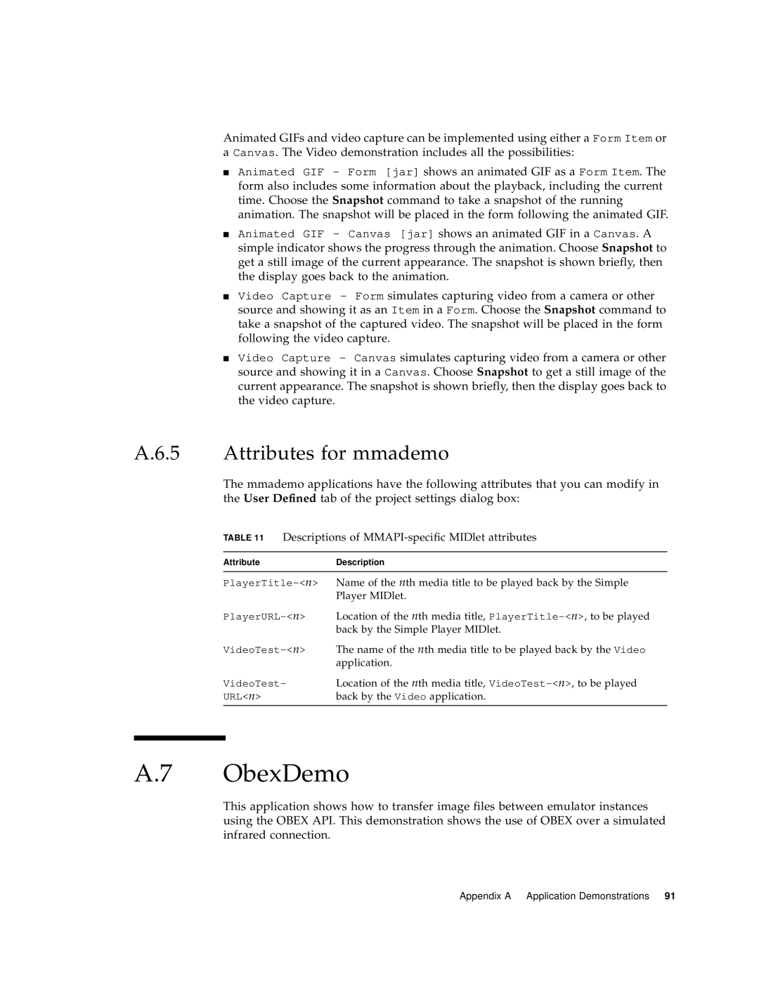 Sun Microsystems J2ME manual ObexDemo, Attributes for mmademo, Descriptions of MMAPI-specific MIDlet attributes 