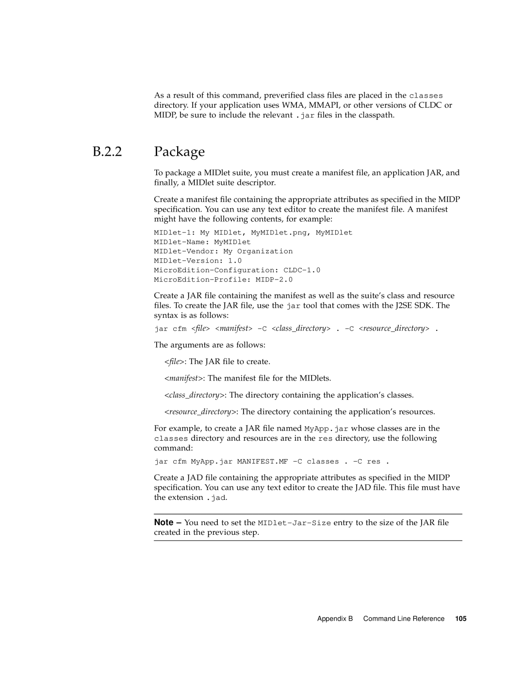 Sun Microsystems J2ME manual Jar cfm MyApp.jar MANIFEST.MF -C classes . -C res 