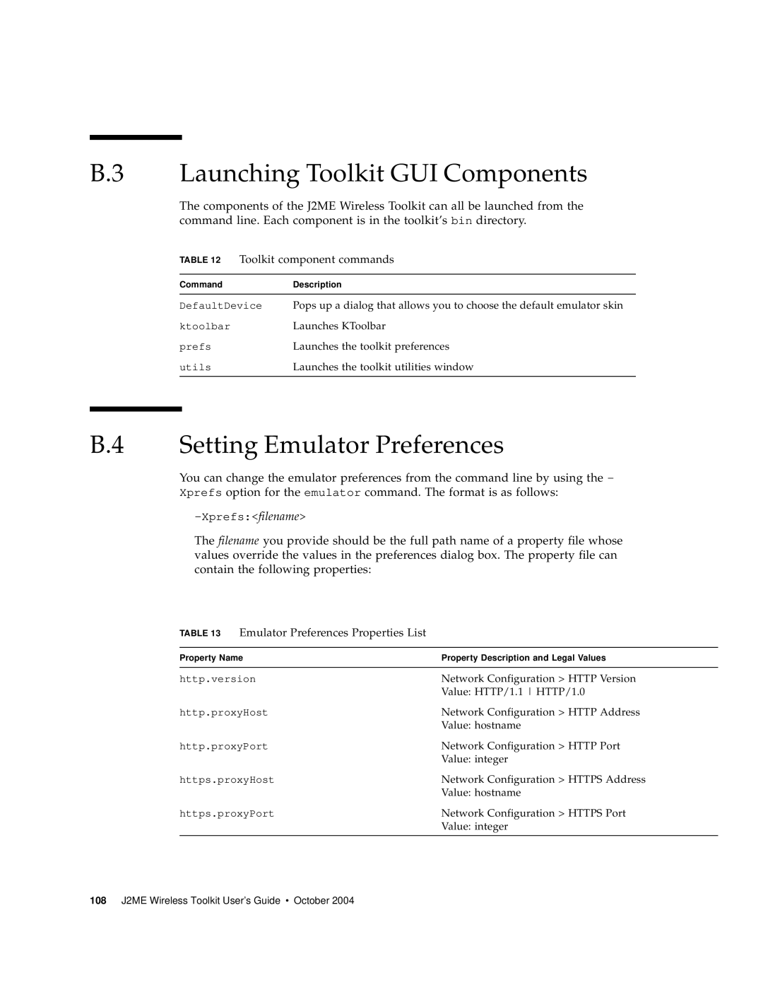 Sun Microsystems J2ME Launching Toolkit GUI Components, Toolkit component commands, Emulator Preferences Properties List 