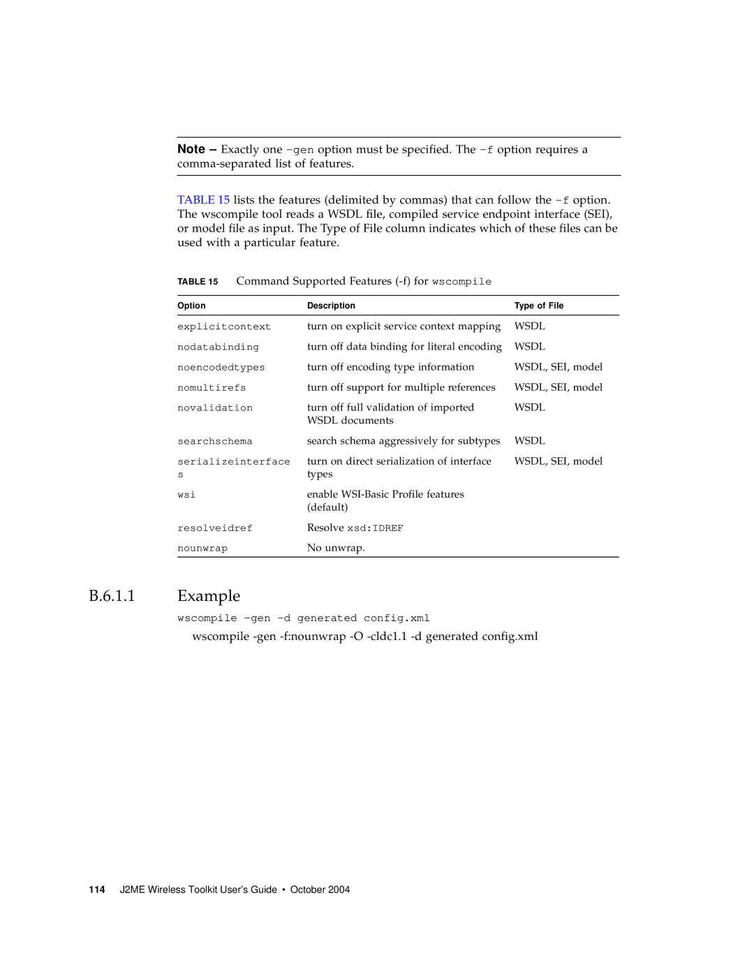 Sun Microsystems J2ME manual Example, Command Supported Features -f for wscompile 