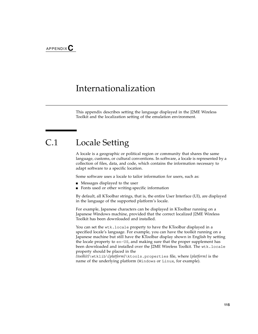 Sun Microsystems J2ME manual Internationalization, Locale Setting 