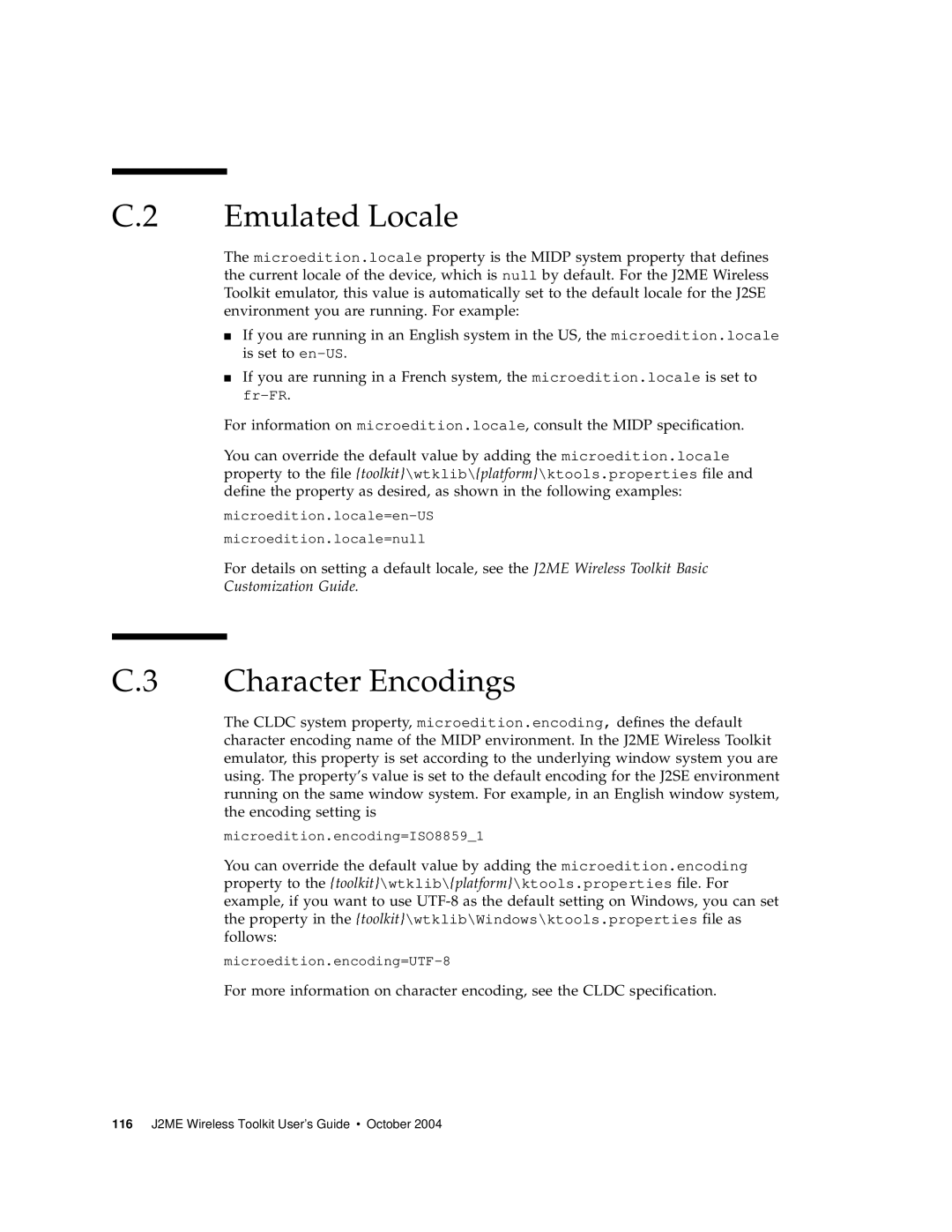 Sun Microsystems J2ME manual Emulated Locale, Character Encodings 