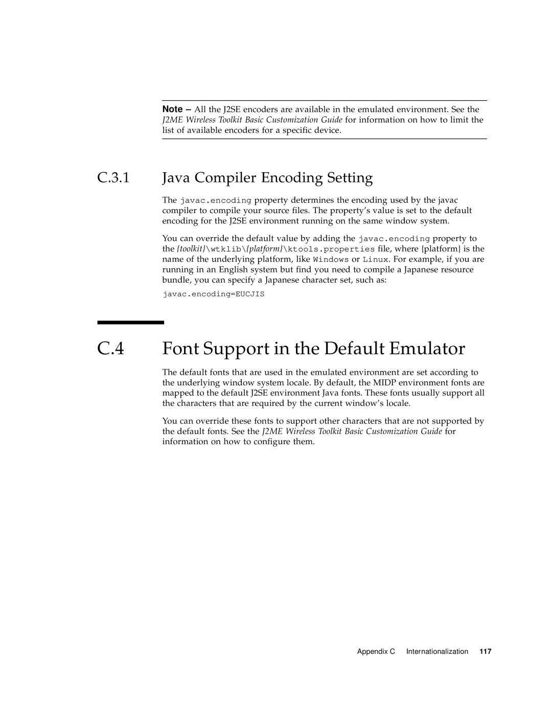 Sun Microsystems J2ME manual Font Support in the Default Emulator, Java Compiler Encoding Setting 