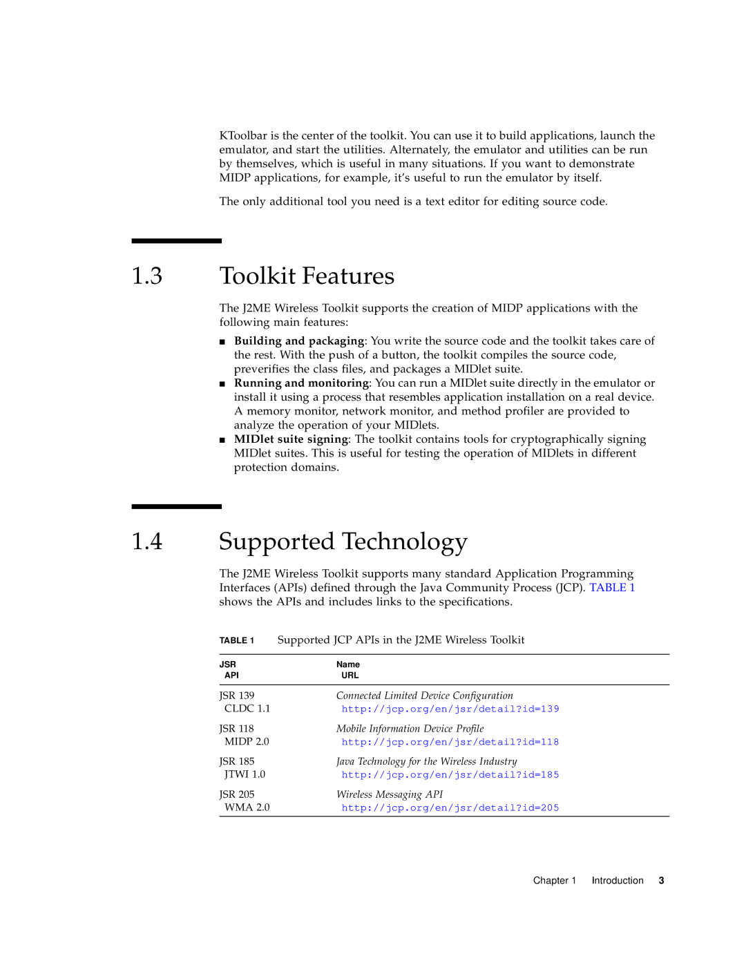 Sun Microsystems manual Toolkit Features, Supported Technology, Supported JCP APIs in the J2ME Wireless Toolkit 