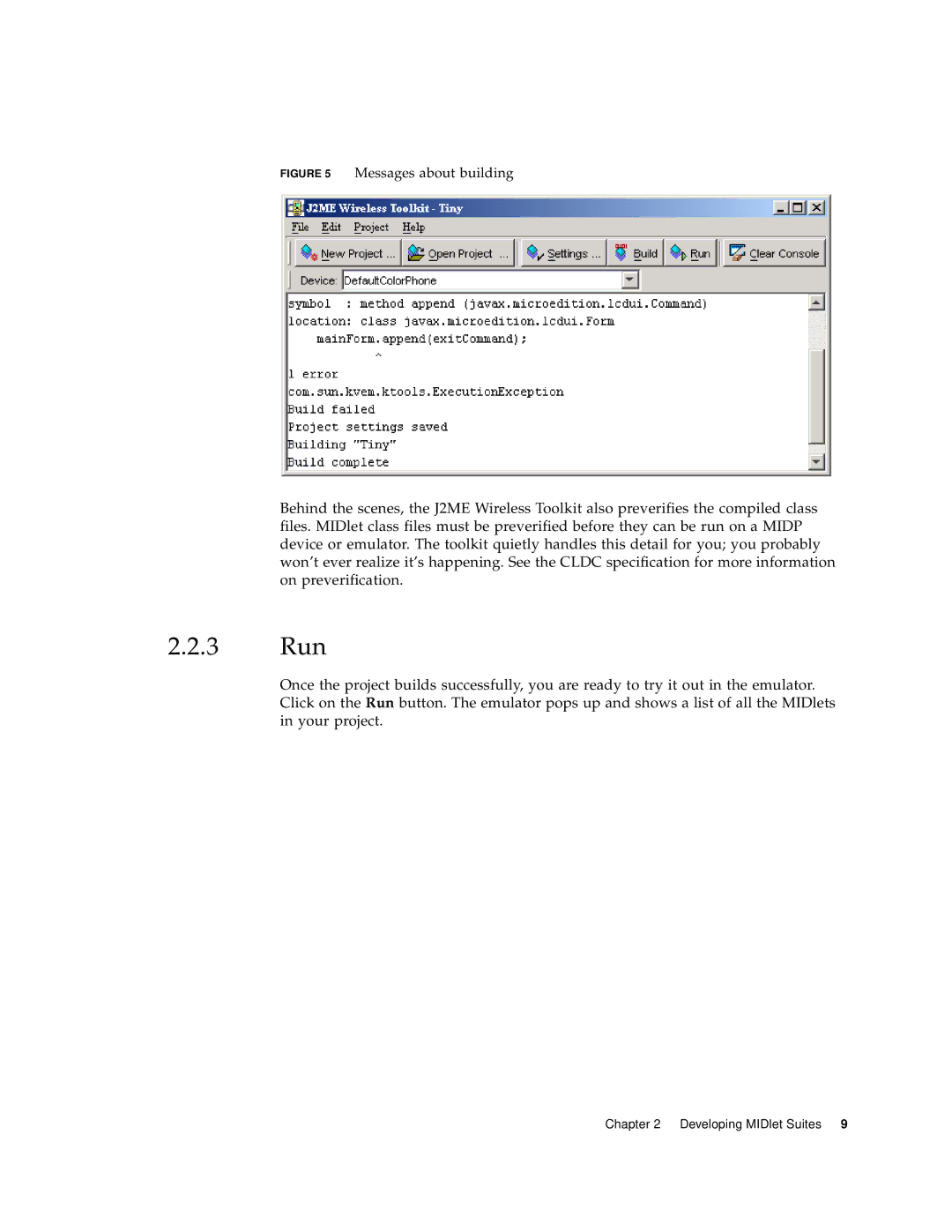 Sun Microsystems J2ME manual 3 Run, Messages about building 