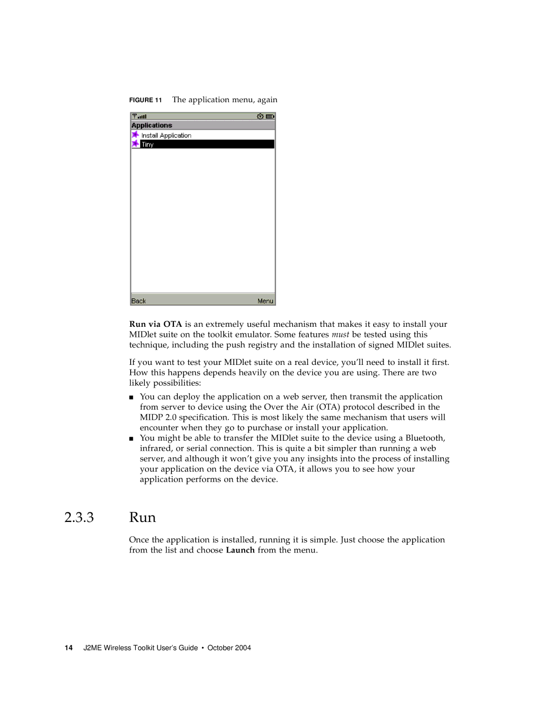 Sun Microsystems J2ME manual Application menu, again 