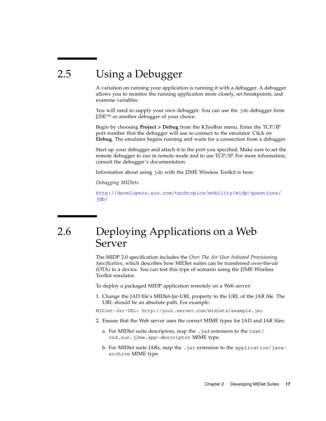 Sun Microsystems J2ME manual Using a Debugger, Deploying Applications on a Web Server 