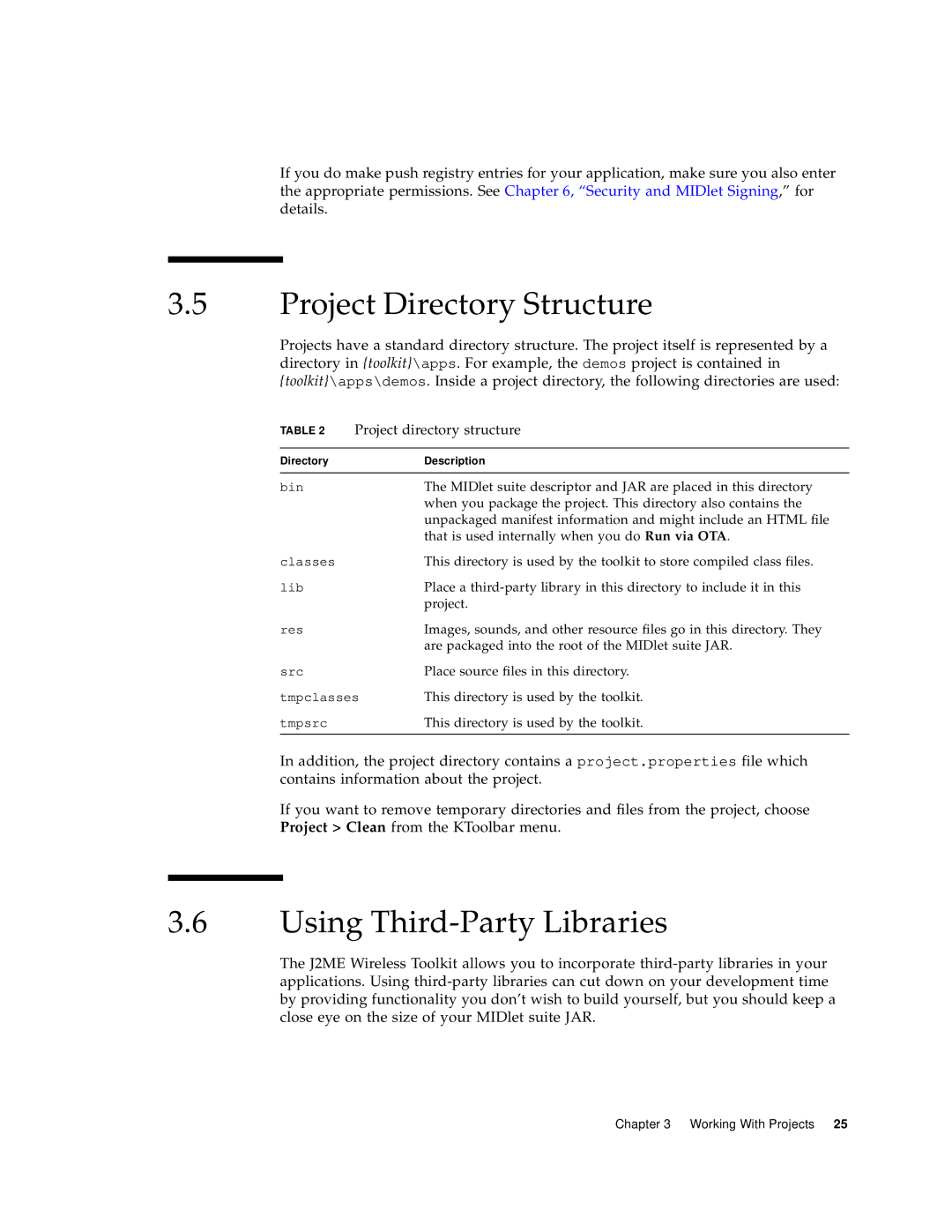 Sun Microsystems J2ME manual Project Directory Structure, Using Third-Party Libraries, Project directory structure 