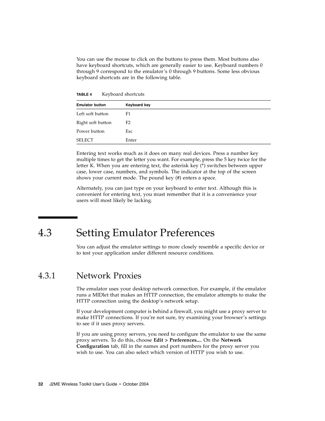 Sun Microsystems J2ME manual Setting Emulator Preferences, Network Proxies, Keyboard shortcuts 