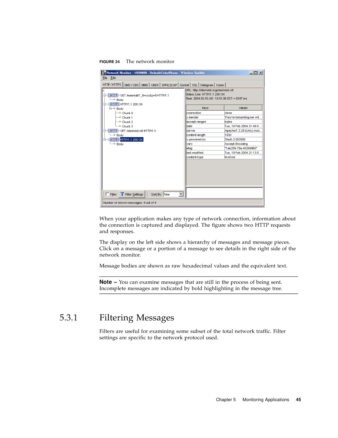 Sun Microsystems J2ME manual Filtering Messages, Network monitor 