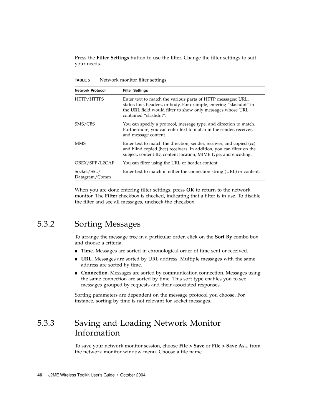 Sun Microsystems J2ME Sorting Messages, Saving and Loading Network Monitor Information, Network monitor filter settings 