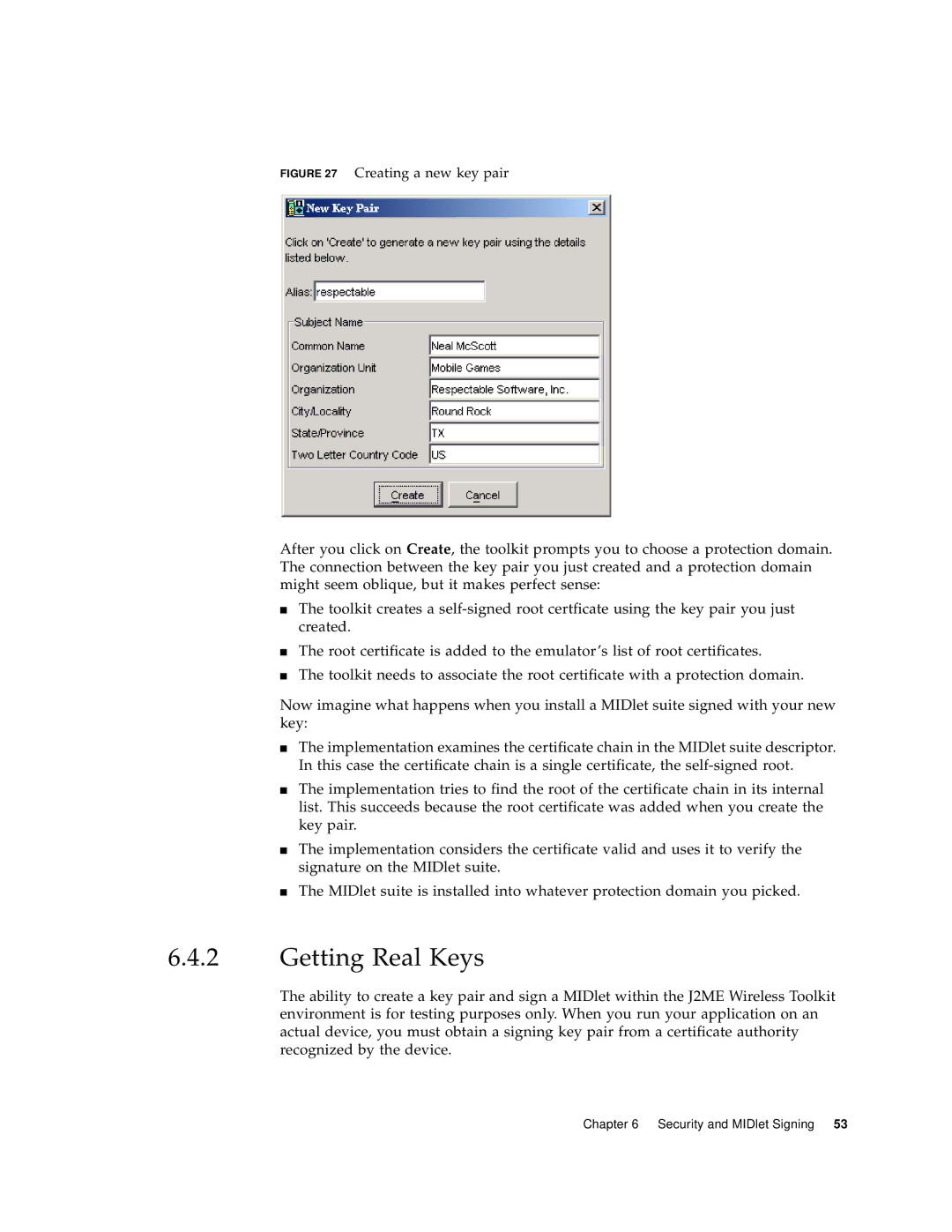 Sun Microsystems J2ME manual Getting Real Keys, Creating a new key pair 