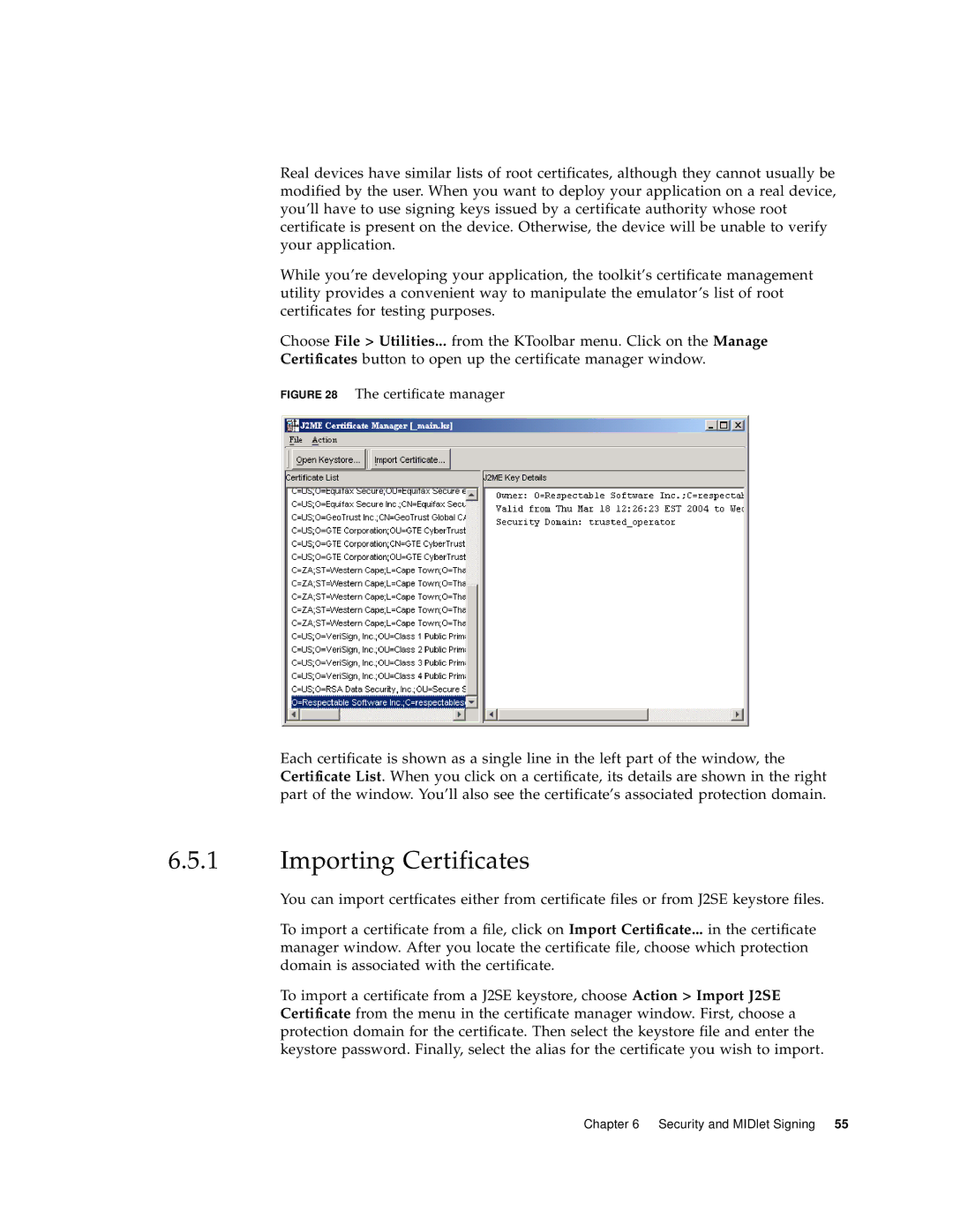 Sun Microsystems J2ME manual Importing Certificates, Certificate manager 