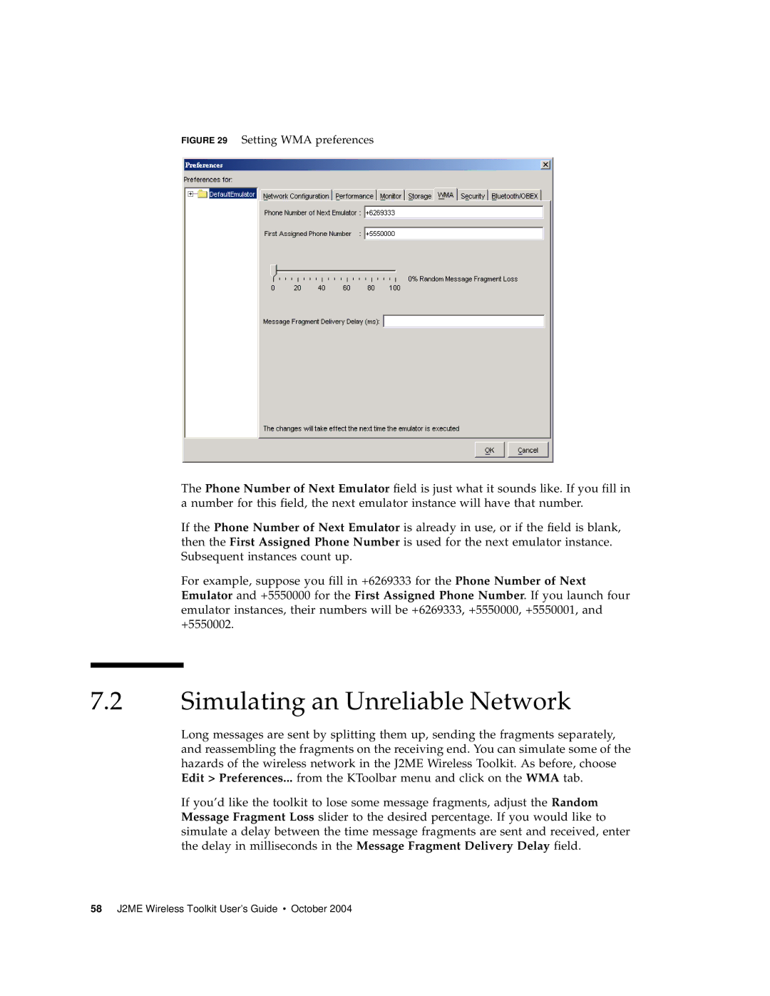 Sun Microsystems J2ME manual Simulating an Unreliable Network, Setting WMA preferences 