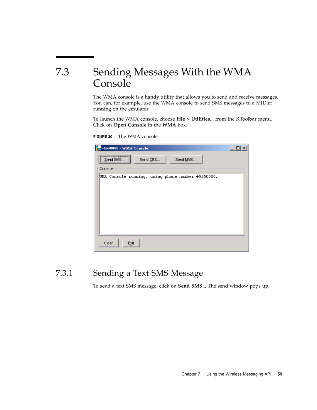 Sun Microsystems J2ME manual Sending Messages With the WMA Console, Sending a Text SMS Message 