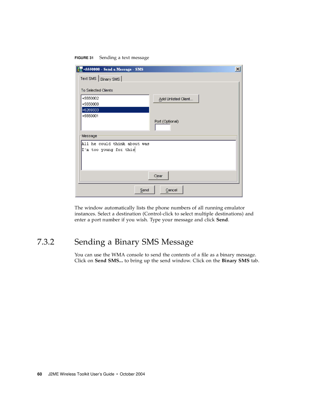 Sun Microsystems J2ME manual Sending a Binary SMS Message, Sending a text message 