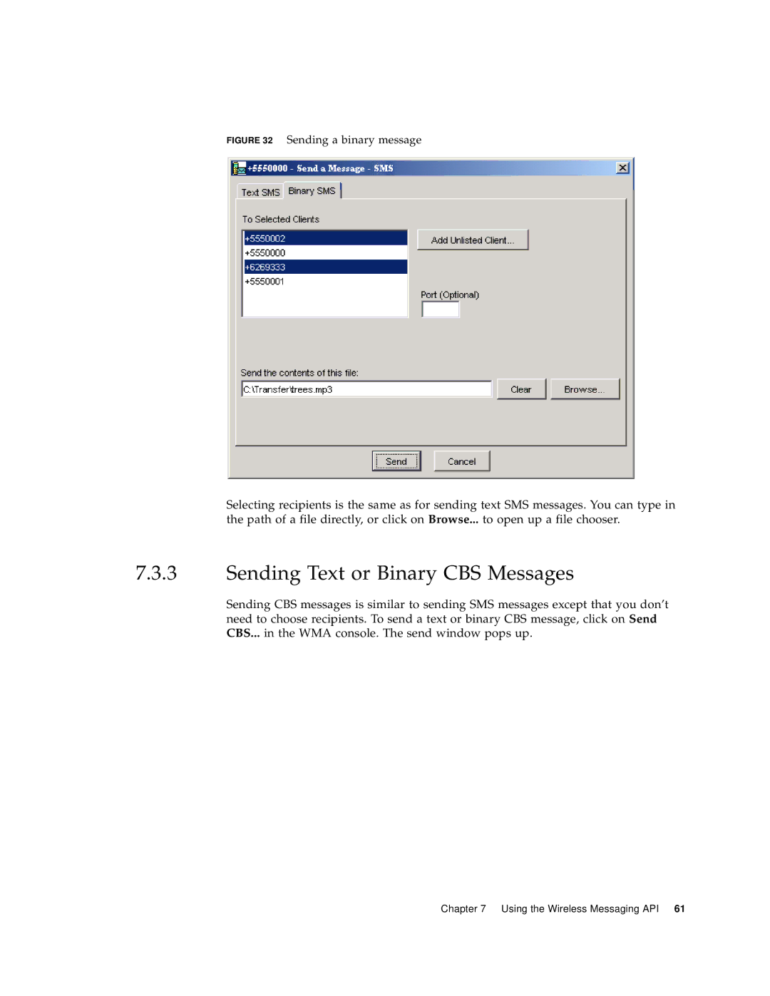 Sun Microsystems J2ME manual Sending Text or Binary CBS Messages, Sending a binary message 