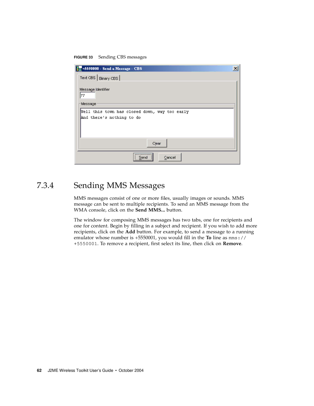 Sun Microsystems J2ME manual Sending MMS Messages, Sending CBS messages 