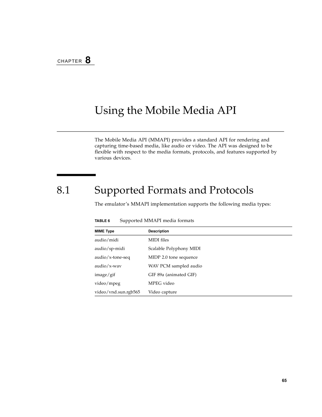 Sun Microsystems J2ME manual Using the Mobile Media API, Supported Formats and Protocols, Supported Mmapi media formats 