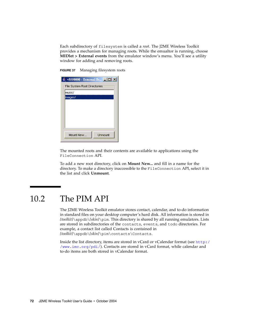 Sun Microsystems J2ME manual Pim Api, Managing filesystem roots 