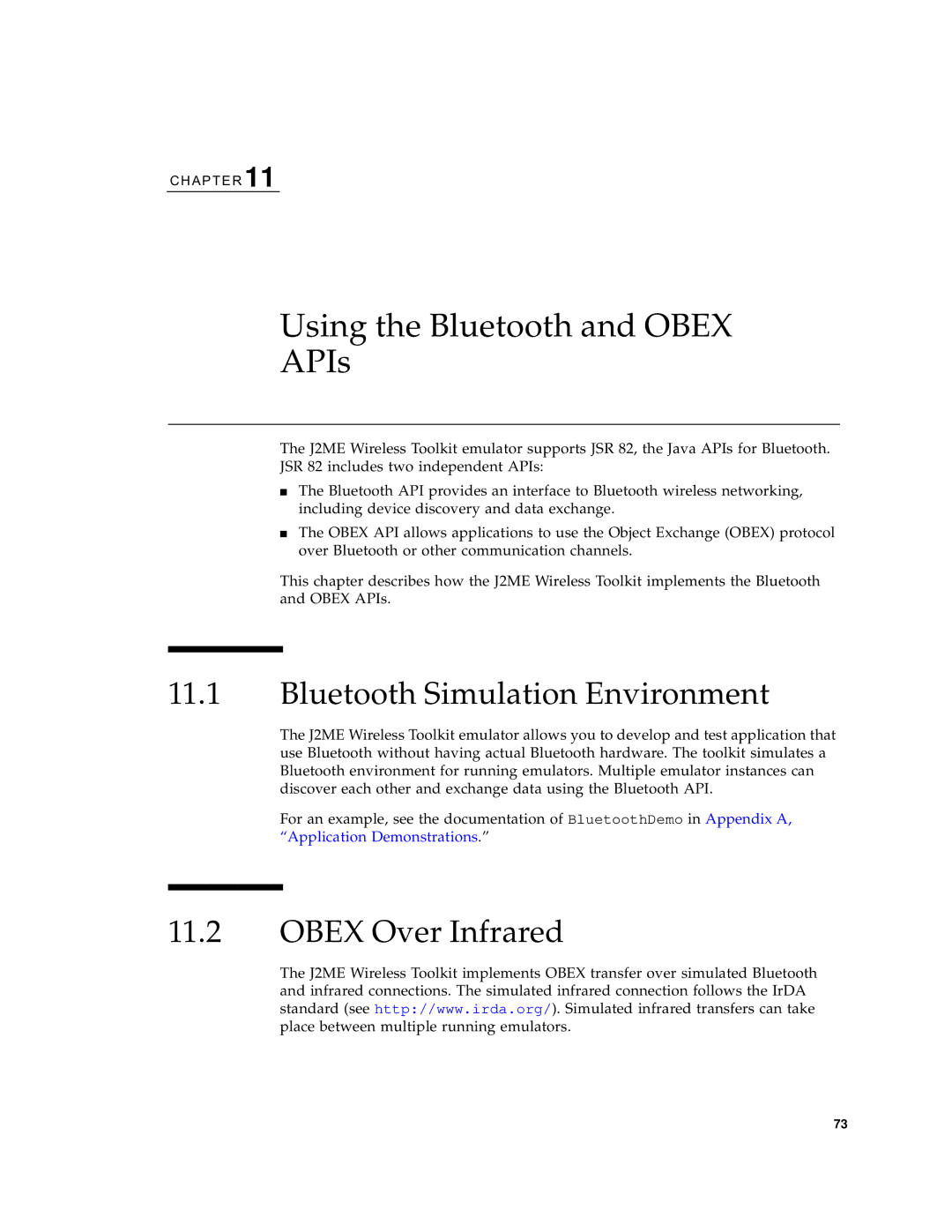 Sun Microsystems J2ME manual Using the Bluetooth and Obex APIs, Bluetooth Simulation Environment, Obex Over Infrared 