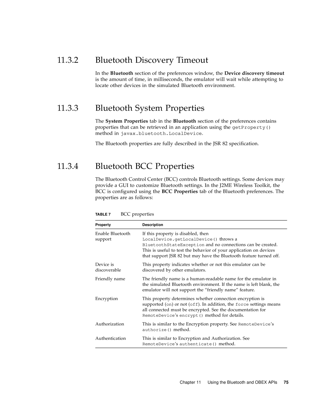 Sun Microsystems J2ME Bluetooth Discovery Timeout, Bluetooth System Properties, Bluetooth BCC Properties, BCC properties 