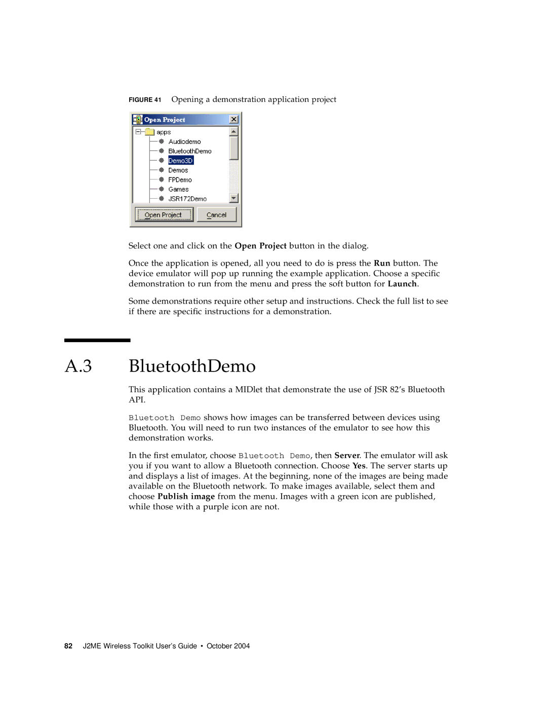 Sun Microsystems J2ME manual BluetoothDemo, Opening a demonstration application project 