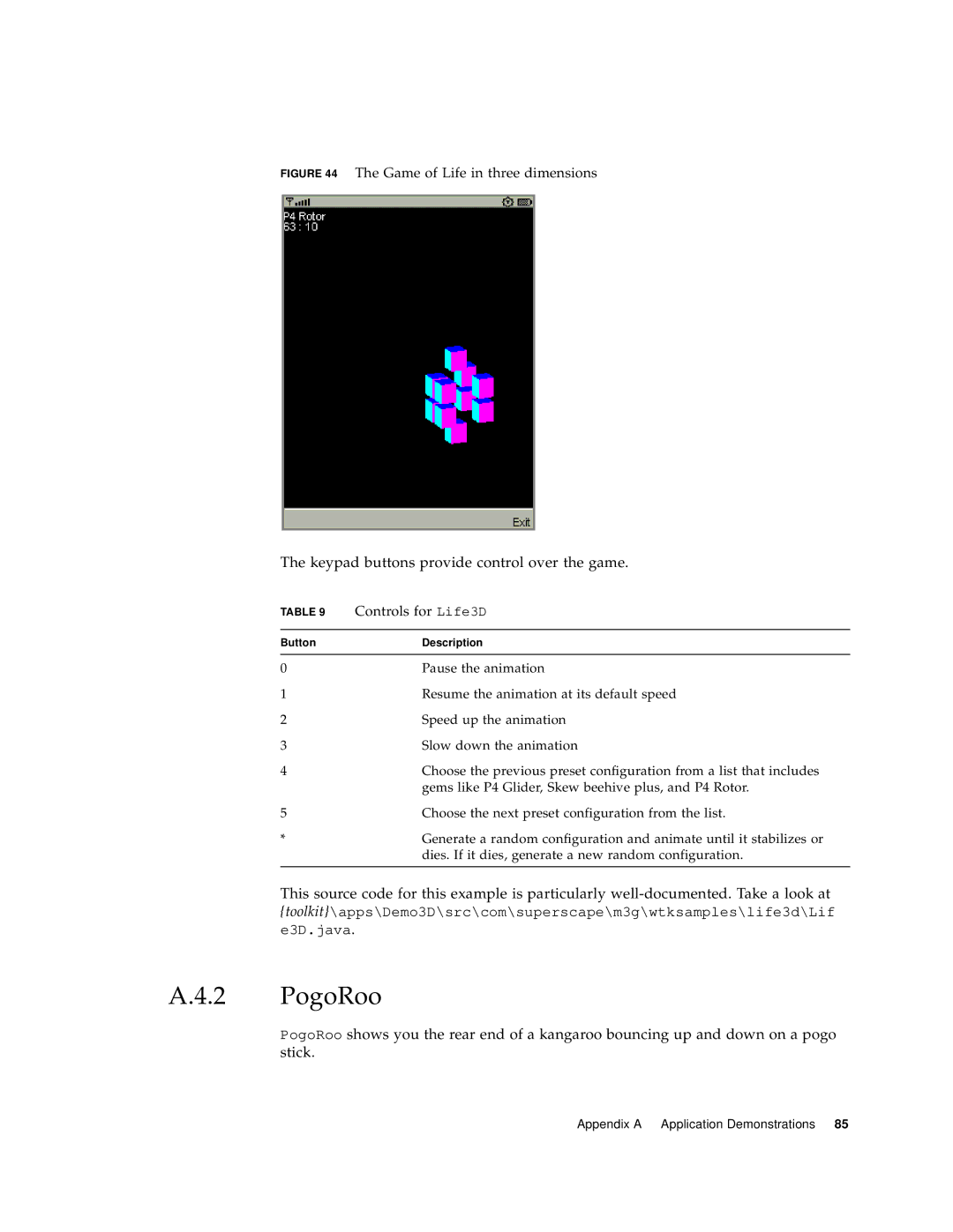 Sun Microsystems J2ME manual PogoRoo, Controls for Life3D 