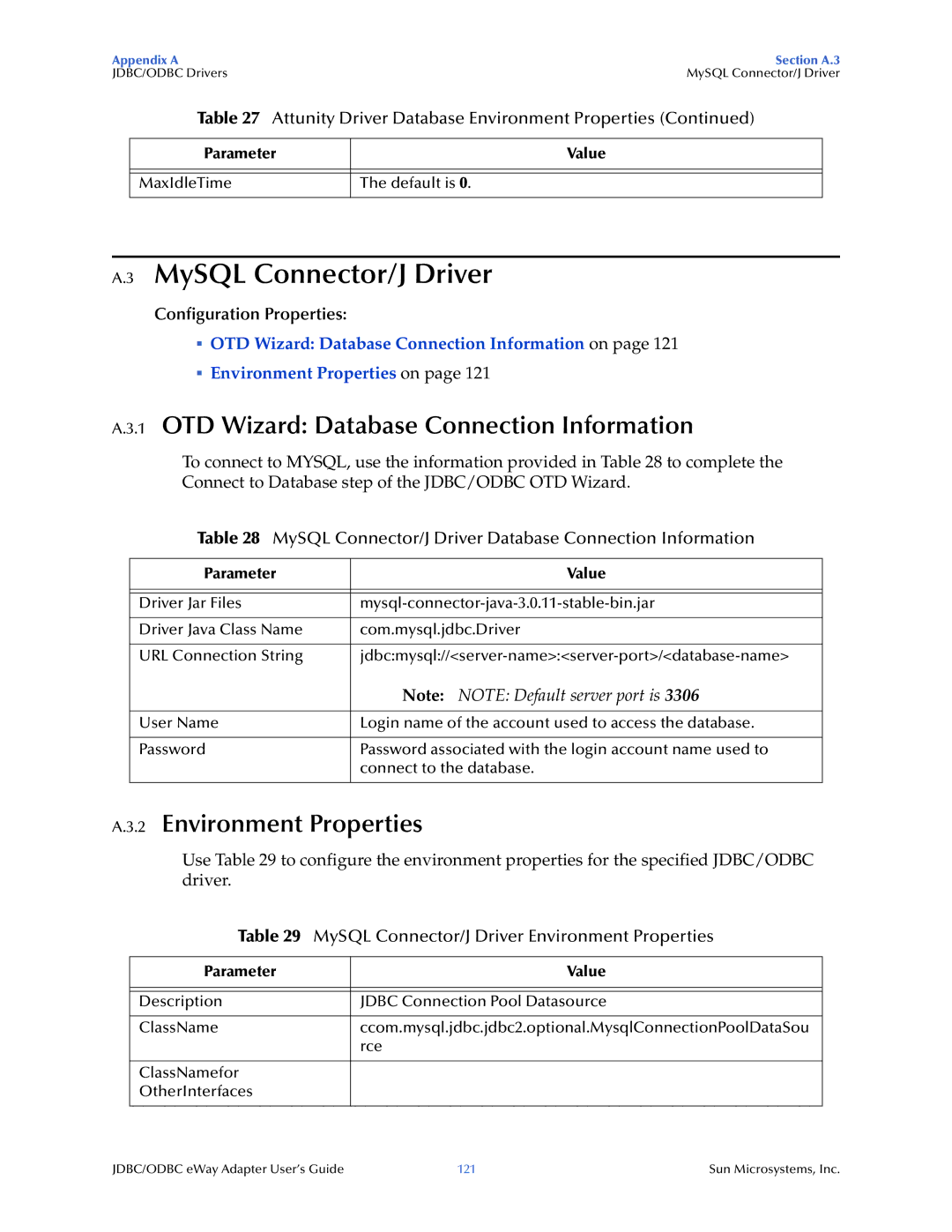 Sun Microsystems JDBC/ODBC Adapter manual MySQL Connector/J Driver Database Connection Information 