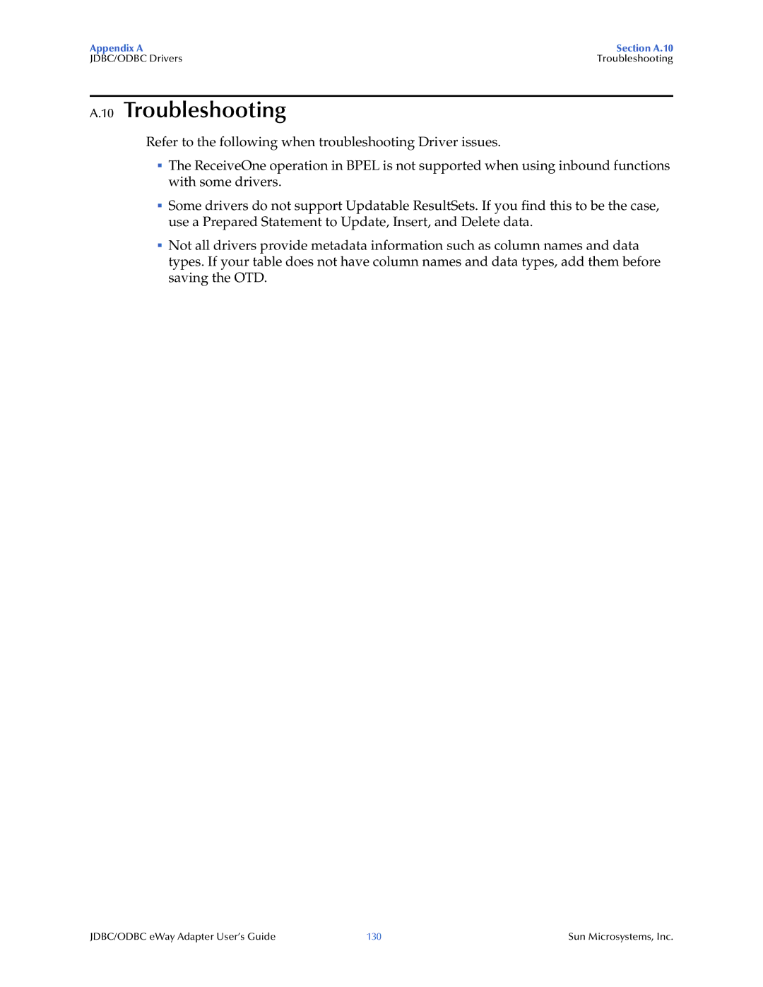 Sun Microsystems JDBC/ODBC Adapter manual Troubleshooting 